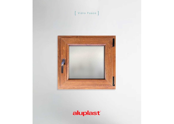 Janela PVC 60x60cm Oscilobatente Direita Carvalho Dourado Vidro Duplo Fosco Liso Aluplast