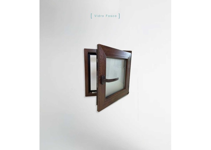 Janela PVC 50x50cm Oscilobatente Direita Nogueira Vidro Duplo Fosco Liso