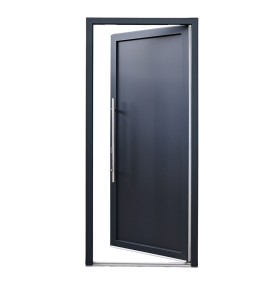 Porta de entrada PVC VEKA PLUS 6 por medida lisa bicolor antracite vista do exterior aberta com abertura à direita