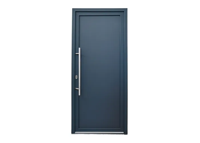 Porta de entrada PVC VEKA PLUS 6 por medida lisa bicolor antracite vista do exterior com abertura à direita