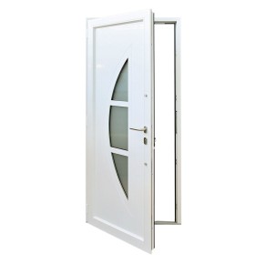 Porta de entrada PVC VEKA PLUS 6 por medida Luna bicolor antracite vista do interior aberta com abertura à direita