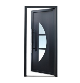Porta de entrada PVC VEKA PLUS 6 por medida Luna bicolor antracite vista do exterior aberta com abertura à direita