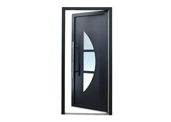 Porta de entrada PVC VEKA PLUS 6 por medida Luna bicolor antracite vista do exterior aberta com abertura à direita