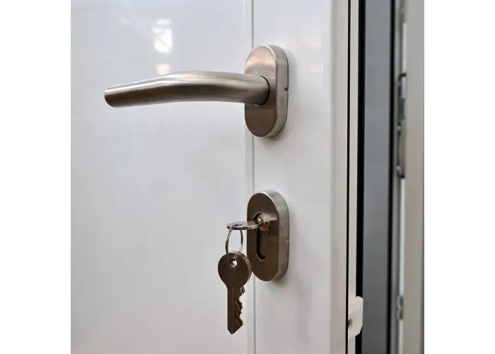 Puxador muleta inox escovado da porta de entrada pvc plus 6 de abertura direita
