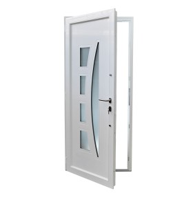 Porta de entrada PVC VEKA PLUS 6 por medida Verona branca vista do interior aberta com abertura à direita