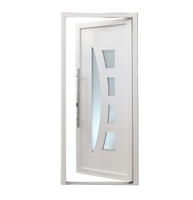 Porta de entrada PVC VEKA PLUS 6 por medida Verona branca vista do exterior aberta com abertura à direita