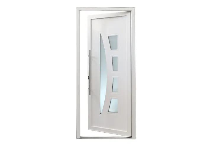 Porta de entrada PVC VEKA PLUS 6 por medida Verona branca vista do exterior aberta com abertura à direita