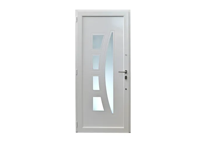 Porta de entrada PVC VEKA PLUS 6 por medida Verona branca vista do interior com abertura à direita