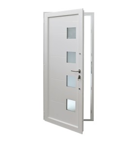 Porta de entrada PVC VEKA PLUS 6 por medida Siena branca vista do interior com abertura à direita