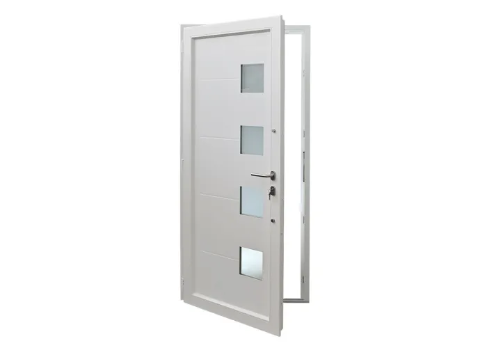 Porta de entrada PVC VEKA PLUS 6 por medida Siena branca vista do interior com abertura à direita