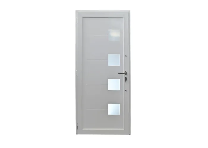 Porta de entrada PVC VEKA PLUS 6 por medida Siena branca vista do interior com abertura à direita