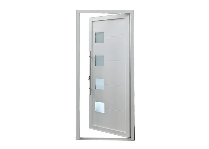 Porta de entrada PVC VEKA PLUS 6 por medida Siena branca vista do exterior aberta com abertura à direita