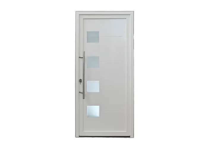 Porta de entrada PVC VEKA PLUS 6 por medida Siena branca vista do exterior com abertura à direita