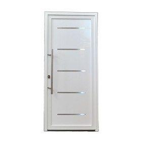 Porta de entrada PVC VEKA PLUS 6 por medida Linea frisos inox vista do exterior com abertura à direita