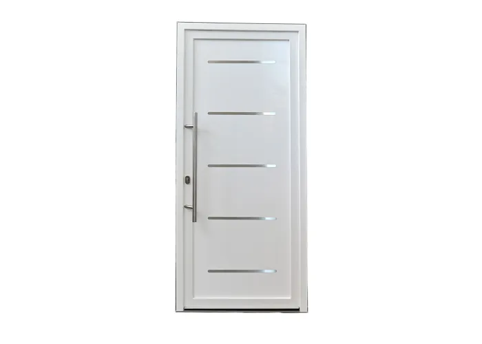 Porta de entrada PVC VEKA PLUS 6 por medida Linea frisos inox vista do exterior com abertura à direita