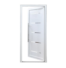 Porta de entrada PVC VEKA PLUS 6 por medida Linea frisos inox vista do exterior aberta com abertura à direita