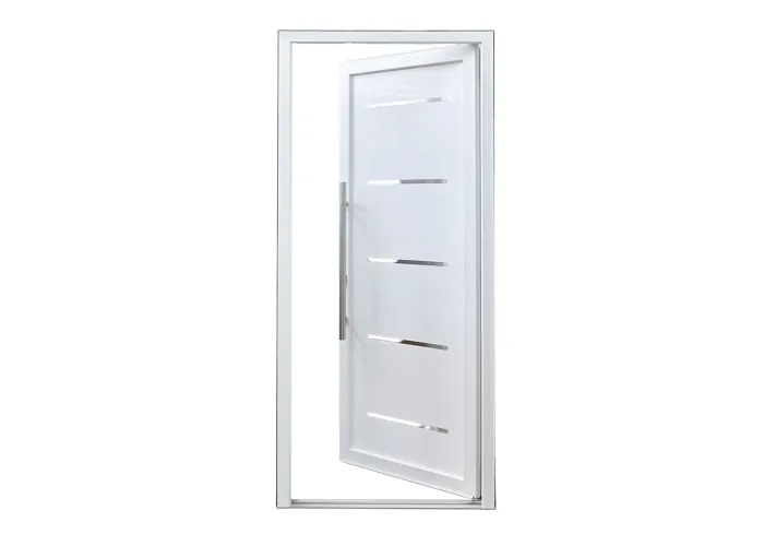 Porta de entrada PVC VEKA PLUS 6 por medida Linea frisos inox vista do exterior aberta com abertura à direita