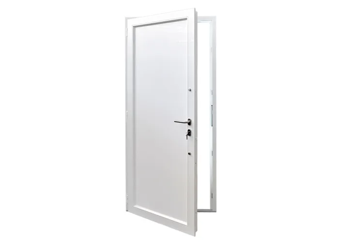 Porta de entrada PVC VEKA PLUS 6 por medida Linea frisos inox vista do interior aberta com abertura à direita