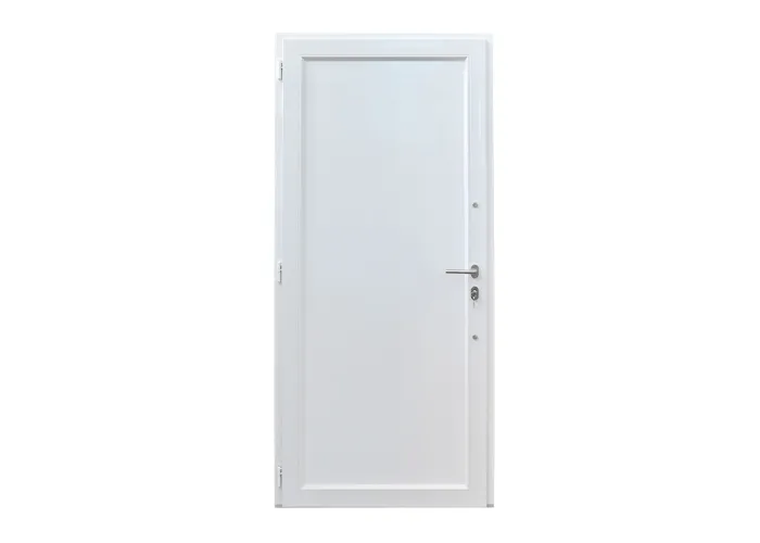 Porta de entrada PVC VEKA PLUS 6 por medida Linea frisos inox vista do interior com abertura à direita