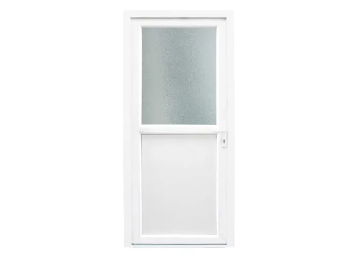 Porta de exterior em pvc com meio vidro fosco de 80x200cm com relevo branca de abertura esquerda