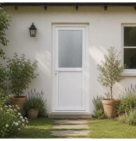 Ambiente de casa com a porta de exterior em pvc com meio vidro fosco com relevo branca de abertura direita