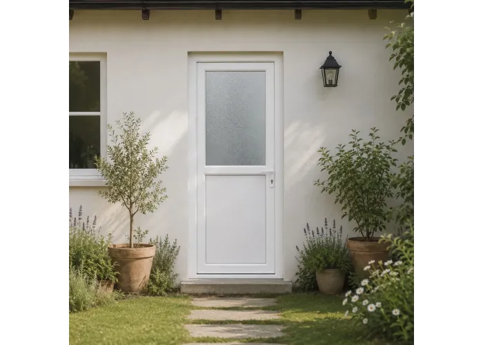 Ambiente de casa com a porta de exterior em pvc com meio vidro fosco com relevo 90x200cm branca de abertura esquerda