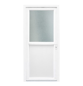 Porta de exterior em pvc com meio vidro fosco com relevo 90x200cm branca de abertura esquerda
