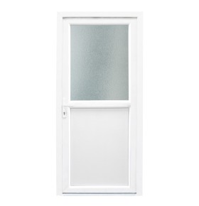 Porta de exterior em pvc com meio vidro fosco com relevo 90x200cm branca de abertura direita
