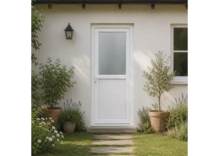 Ambiente de casa com a porta de exterior em pvc com meio vidro fosco com relevo 90x200cm branca de abertura direita