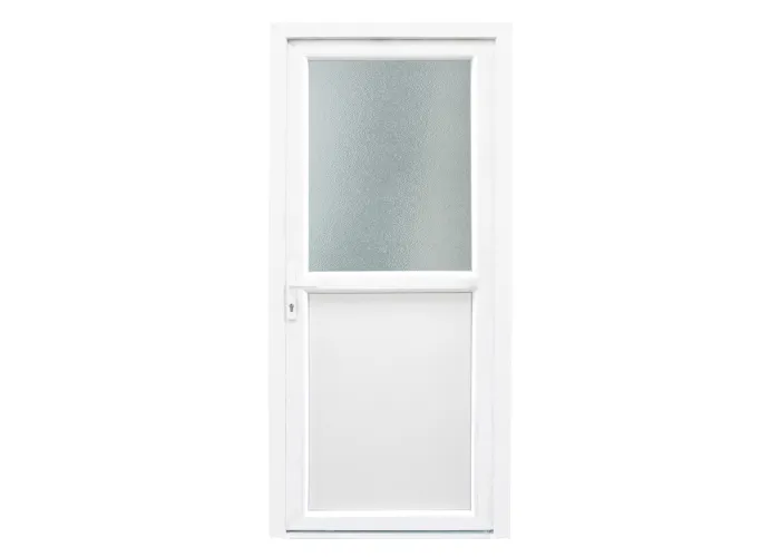 Porta de exterior em pvc com meio vidro fosco com relevo 98x208cm branca de abertura direita