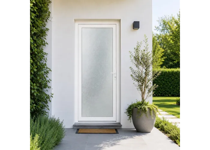 Ambiente de casa com a porta exterior em PVC com vidro duplo fosco com relevo de 80x200cm com abertura esquerda