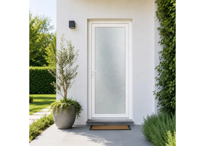 Ambiente de casa com a porta exterior em PVC com vidro duplo fosco com relevo de 80x200cm com abertura direita