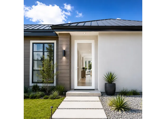 Ambiente de casa com a porta Exterior PVC Vidro Duplo Transparente 90x200cm com abertura direita