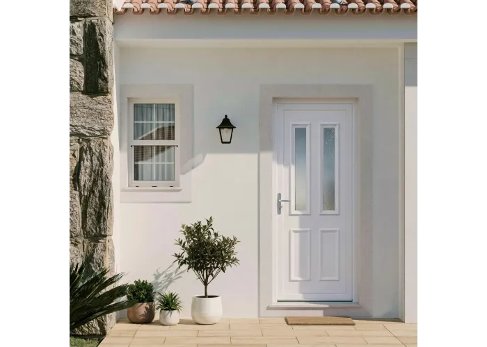 Ambiente de casa com a porta de Entrada PVC VEKA PLUS 5 por Medida – Milão Branca direita