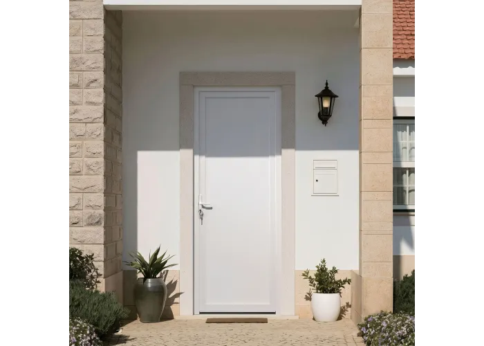 Ambiente casa com a porta de Entrada PVC VEKA PLUS 5 por Medida – Lisa Branca direita