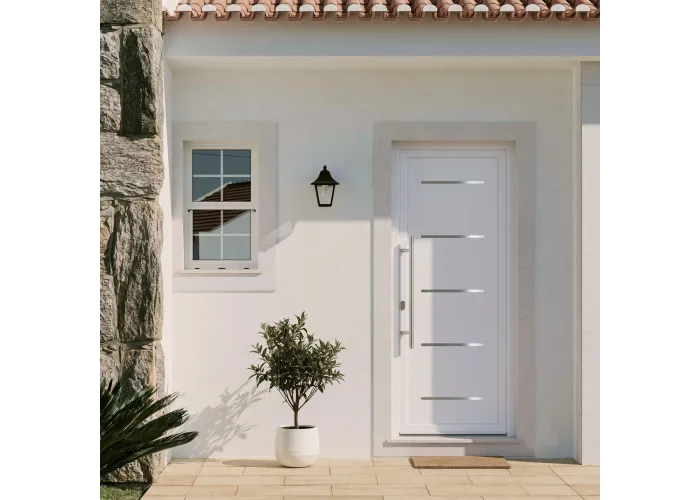 Ambiente casa com a Porta de entrada PVC VEKA PLUS 6 por medida Linea frisos inox vista do exterior com abertura à direita