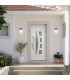 Ambiente de casa com a porta de entrada PVC VEKA PLUS 6 por medida Verona branca vista do exterior com abertura à direita