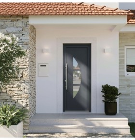 Ambiente casa com a porta de entrada PVC VEKA PLUS 6 por medida Luna bicolor antracite vista do exterior com abertura à direita