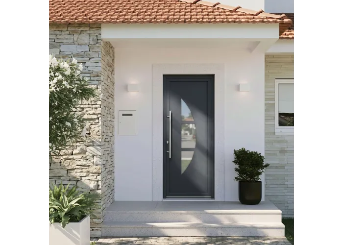 Ambiente casa com a porta de entrada PVC VEKA PLUS 6 por medida Luna bicolor antracite vista do exterior com abertura à direita