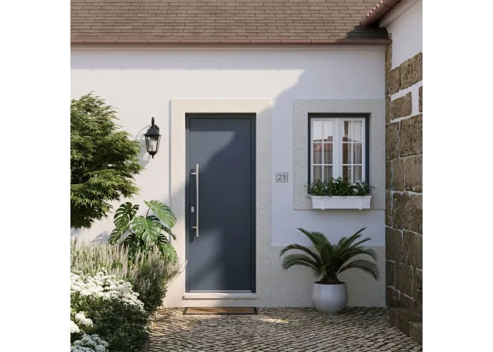 Ambiente casa com a porta de entrada PVC VEKA PLUS 6 por medida lisa bicolor antracite vista do exterior com abertura à direita