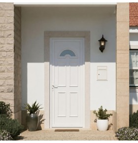 Ambiente de casa com a porta VEKA Oxford PLUS 5 branca direita vista do exterior