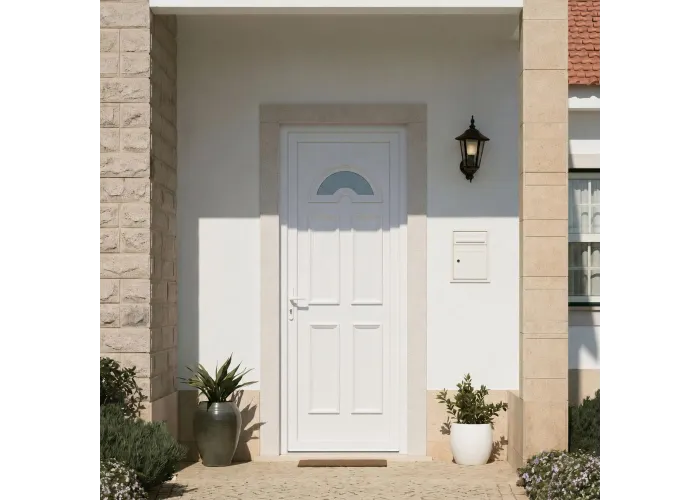 Ambiente de casa com a porta VEKA Oxford PLUS 5 branca direita vista do exterior